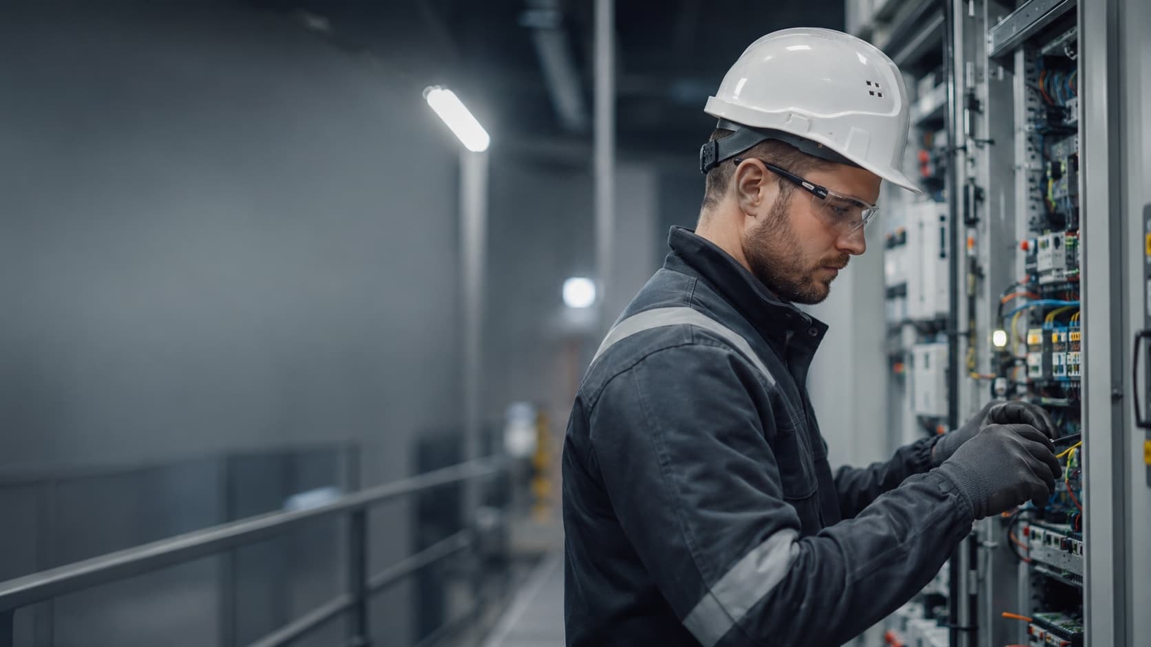 Elektromonteur aan het werk bij een schakelkast