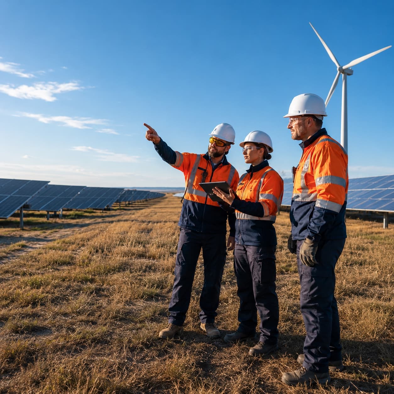 Technische professionals bij een zonnepark en windturbine